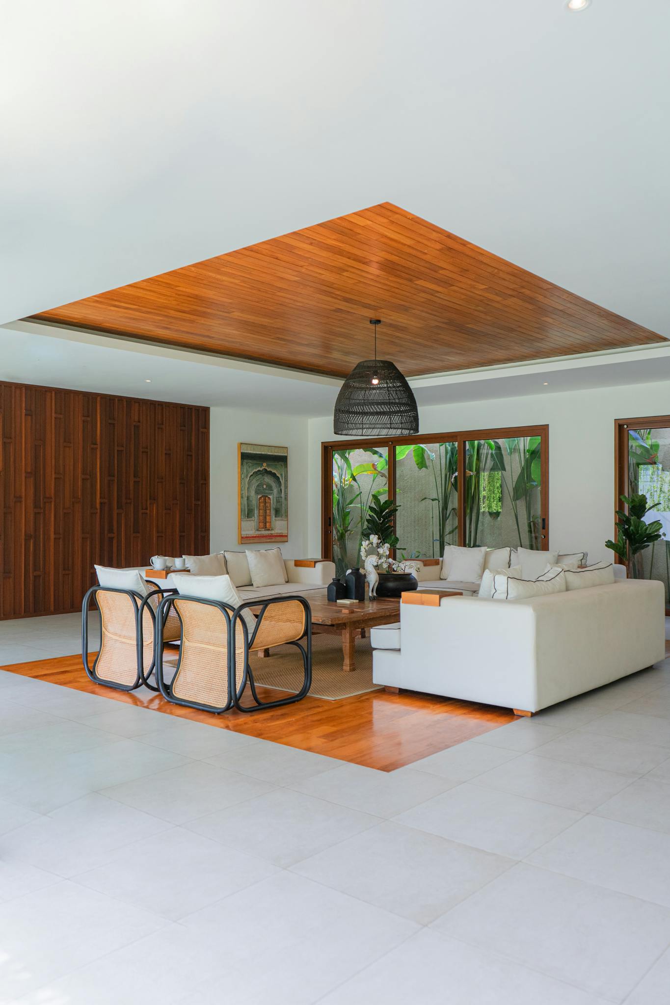 Elegant Bali villa living room with contemporary design and natural elements.