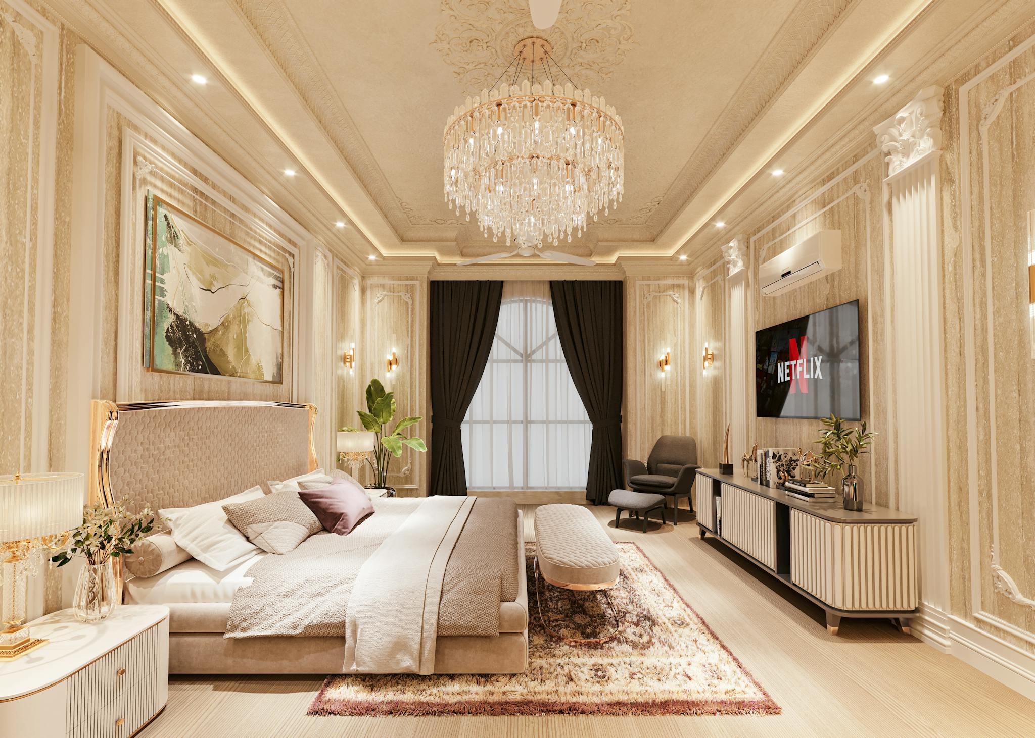 Lavish bedroom interior with a crystal chandelier and modern amenities, exuding opulence.
