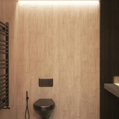 Sleek modern bathroom with minimalist decor and elegant design elements.