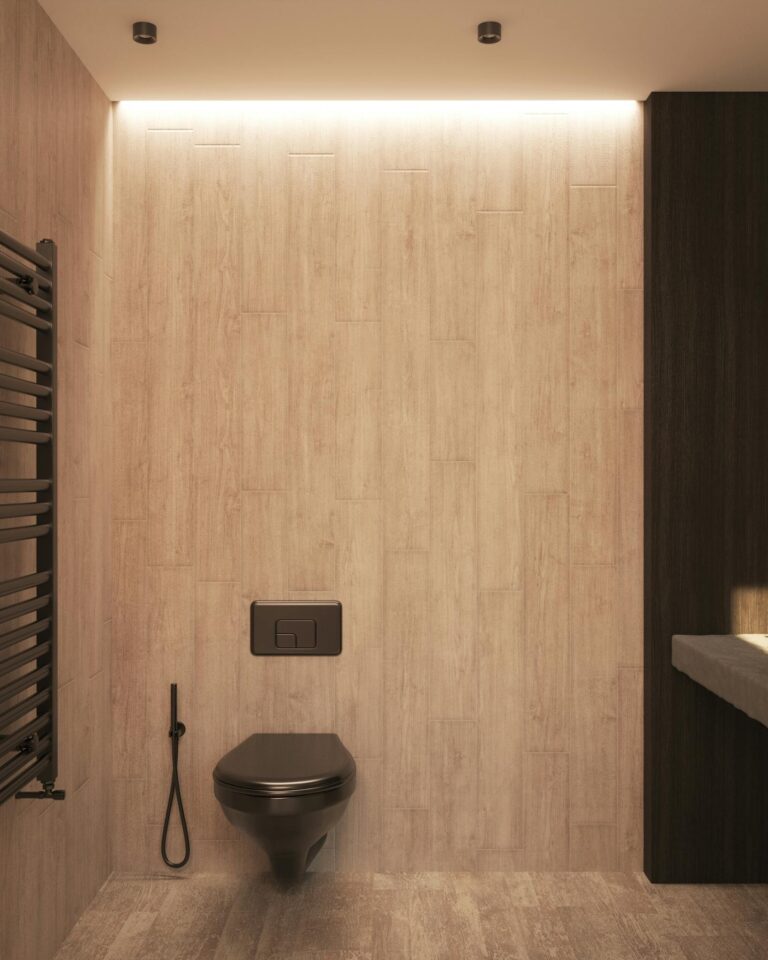 Sleek modern bathroom with minimalist decor and elegant design elements.